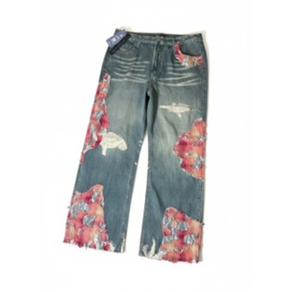 Romwe Men Patchwork Distressed Lace Plaid Jeans Blue Pink Size 40 NEW